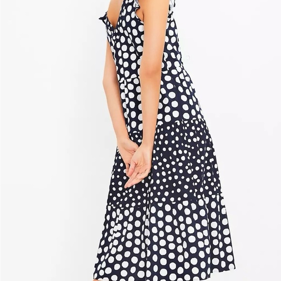 LOFT Size XXSP Navy Blue White Dotted Flutter Sleeve V Neck Midi Dress Tiered - Picture 3 of 7